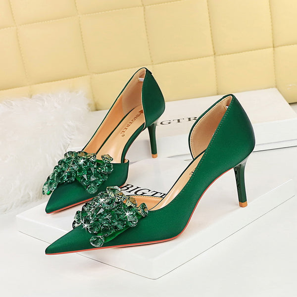 Thin Heel High Heel Shallow Mouth Pointed Side Hollow Water Diamond Single Shoes
