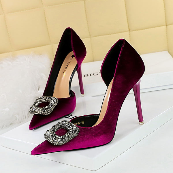 Thickened suede pointed-toe side cut-out heels