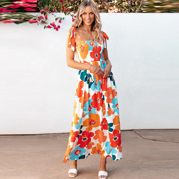 Orange Floral Self Tied Straps Smocked Bust Maxi Dress