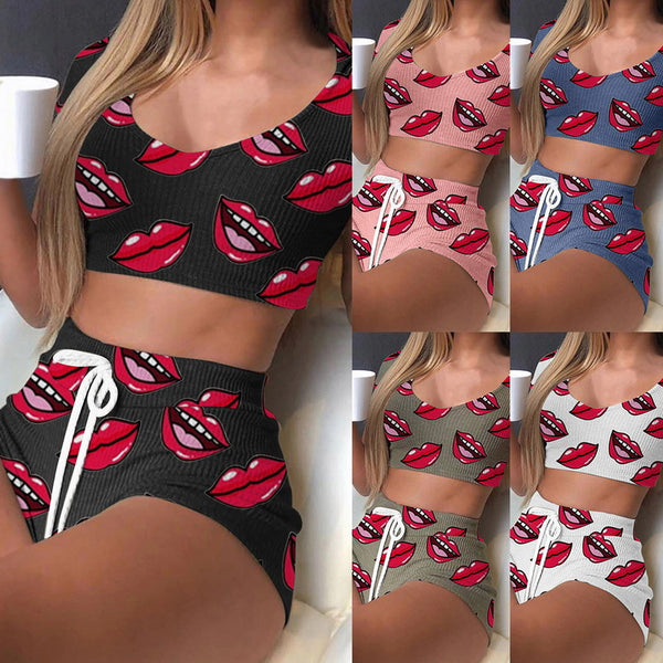Two-piece tie-dye print round-neck sexy pajamas