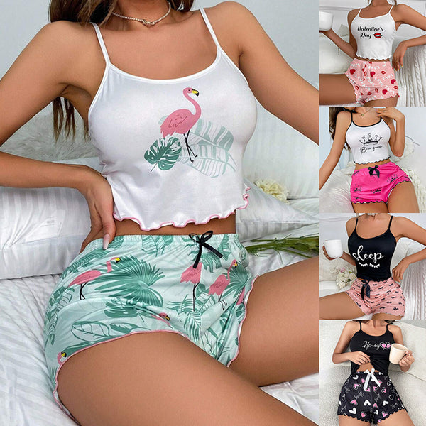Printed casual milk silk home sling two-piece set