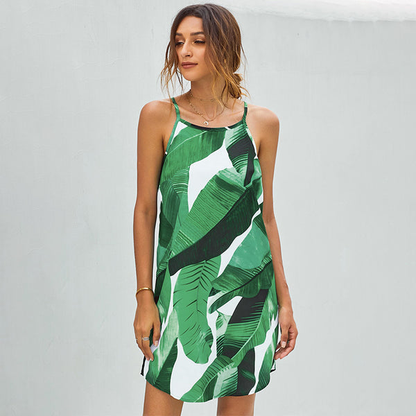 Green Leaf Print Sleeveless Dress