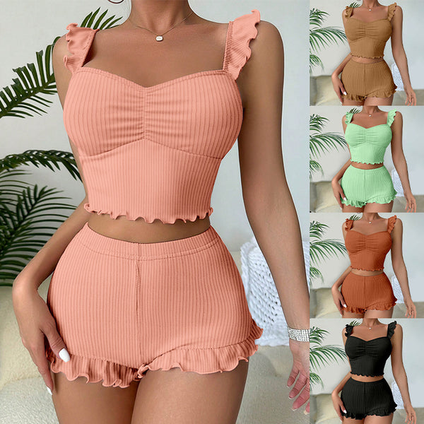 Suspender pajamas with ribbed hem shorts