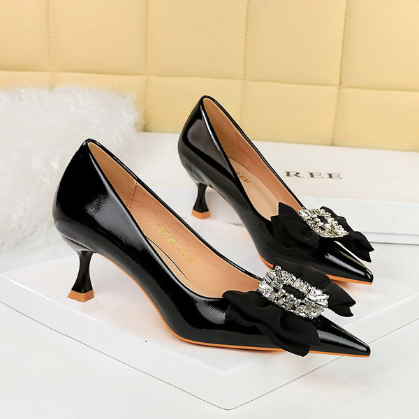Shallow mouthed pointed rhinestone bow high heels
