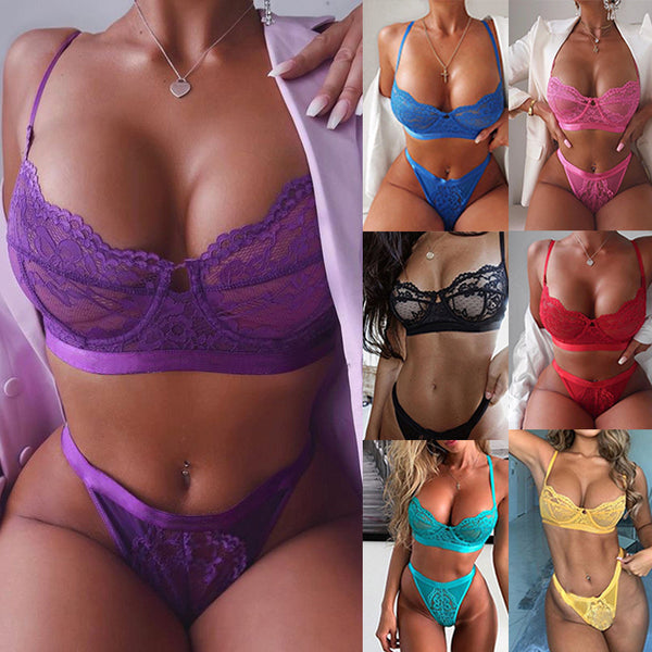 Women's lace mesh belt bra and underwear set, lace up bra, women's three-point erotic underwear