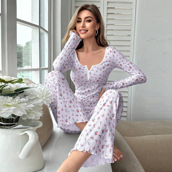 Women's casual long pajamas two piece set
