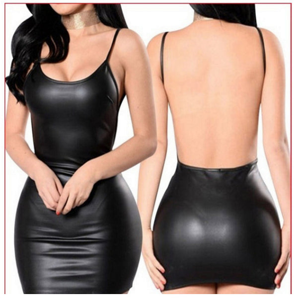 New style sling hip-wrapped black sexy patent leather backless mini skirt