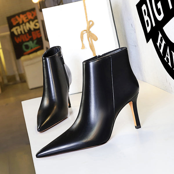 Sexy side zipper pointed toe trimming