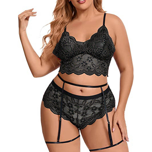 Elkaliy Large Lace Sexy V-neck High Waist Flower Lace Bra and Underpants 2-piece Set
