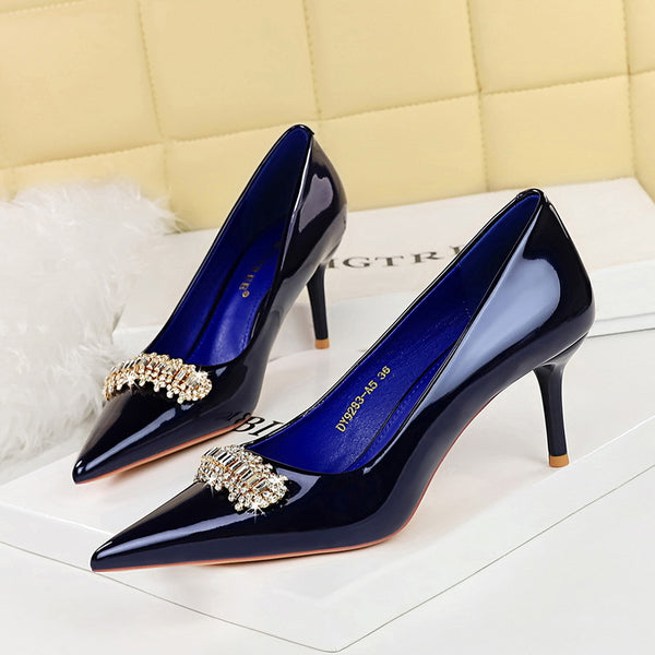 Light luxury patent leather metal rhinestone decorative high heels