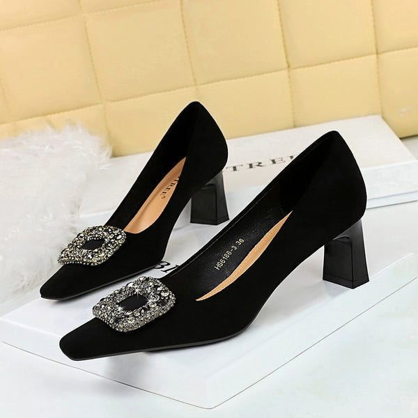 Suede square head metal rhinestone buckle high heels