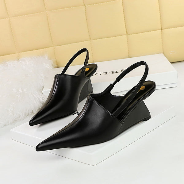 Hollow wedge heel deep cut toe shoes with back strap sandals and high heels