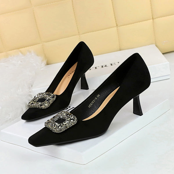 Thin high-heeled suede square head with shallow mouth