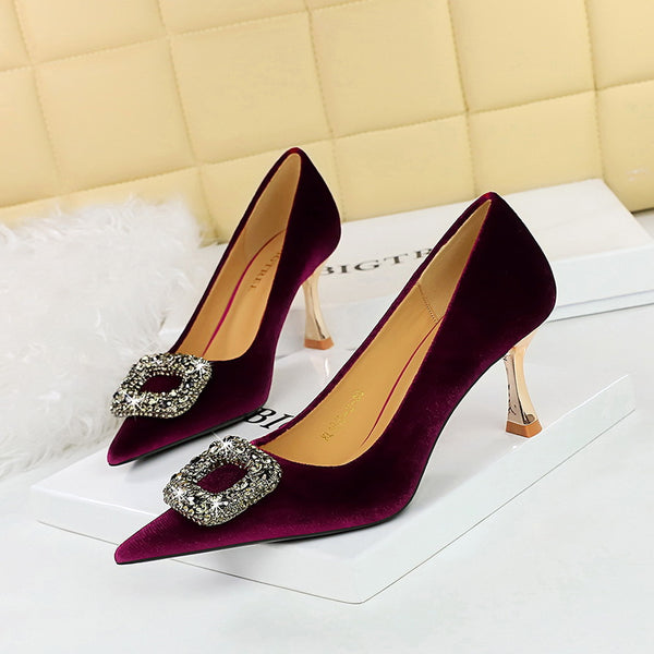Light luxury metal rhinestone buckle with thickened suede high heels