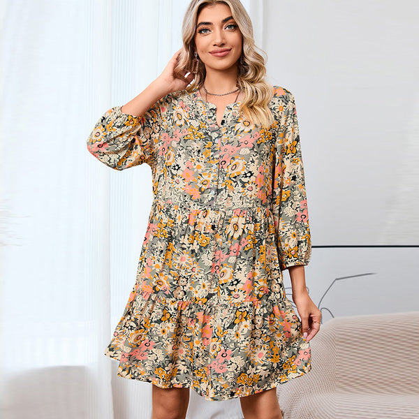 Multicolor Buttoned Crew Neck 3/4 Sleeve Floral Dress