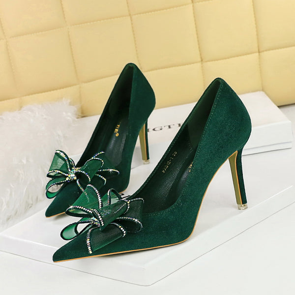 Suede lace rhinestone bow high heels