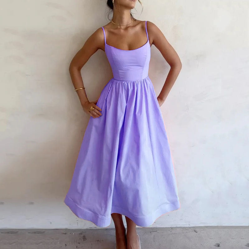 Elkaliy's new 2025 spring/summer dress, solid color, sexy, U-neck, cinched waist, pleated suspender, spicy girl big swing dress