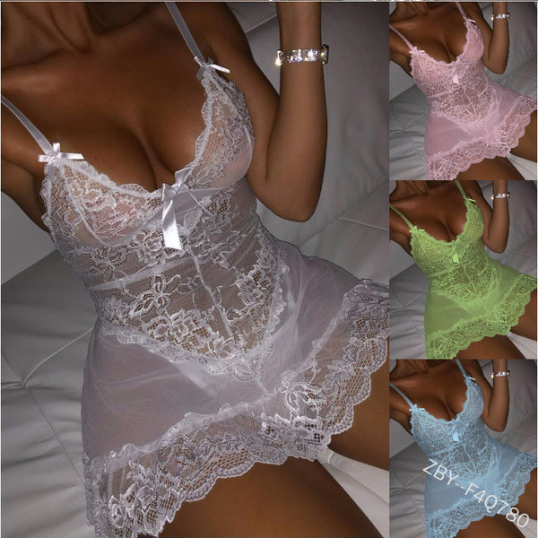 Bright Color Sheer Lace Sexy Embroidered Suspender Nightdress