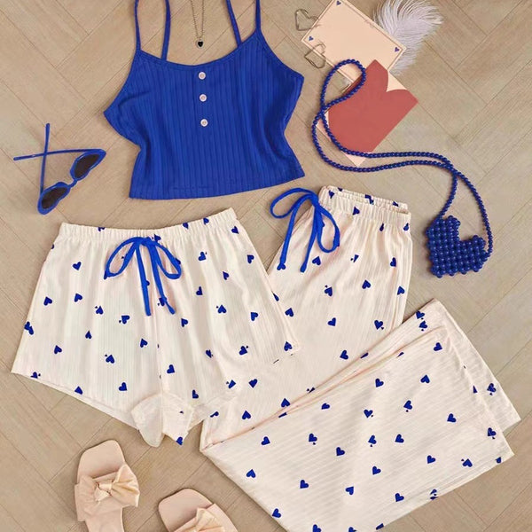 Sweet and Cute Three piece Cotton Strap Shorts with Heart Pattern Women's Pajamas for Spring and Summer