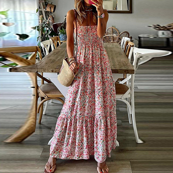 White Boho Floral Smocked Ruffled Maxi Dress