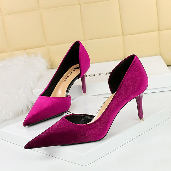 Pointed side hollowed out West velvet high heels