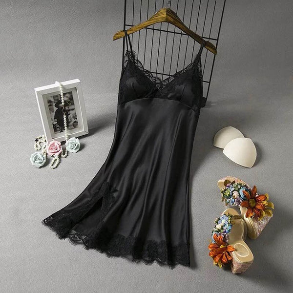 Black Skirt Women's Summer Satin Robe Ice Silk Strap Women's Sexy Underwear with Chest Mat