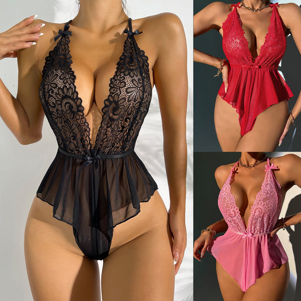 One-piece open-crotch tie-neck pajamas
