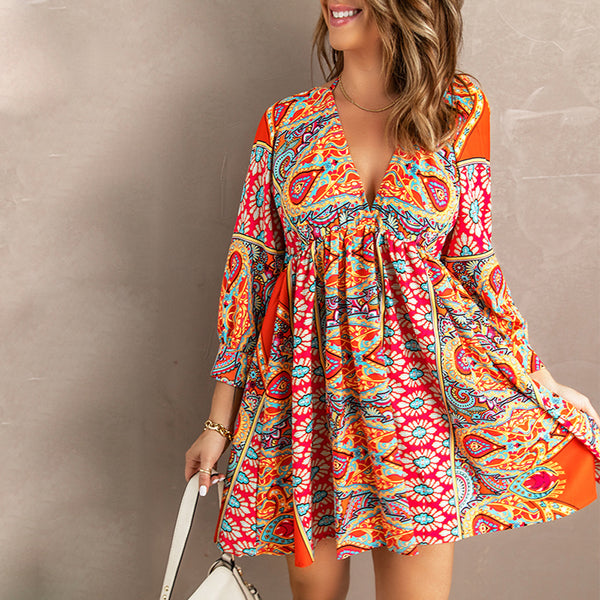 Multicolour V Neck 3/4 Sleeve Bohemian Vintage Print Mini Dress