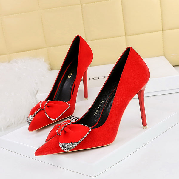 Light luxury suede rhinestone bow high heels