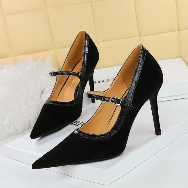 Suede shallow mouthed pointed toe flat strap ultra-high heels