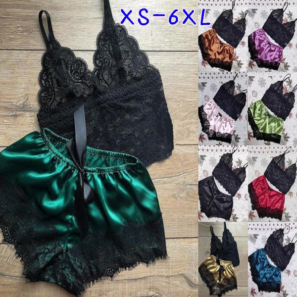 Sexy and bold lingerie women sleep with thin shoulder straps, lace trim bra and shorts pajama set