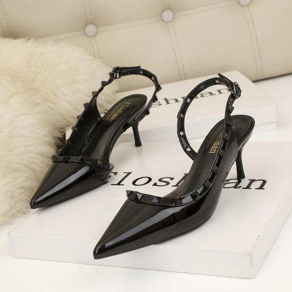 Rivet hollow one word fashionable charm high heels pointed shallow mouth women's sandals single shoes