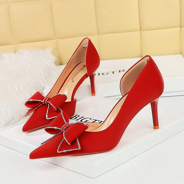 Korean version of high heels rhinestone bow