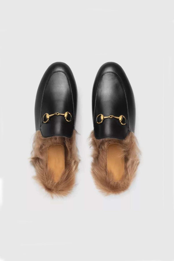 Rabbit Fur Lined Leather Loafer Mules