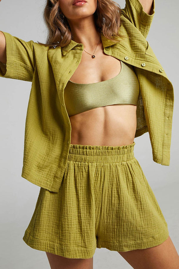 Solid Color Short Sleeve Shirt Cotton Two-piece Shorts Set