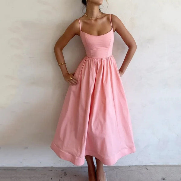Elkaliy's new 2025 spring/summer dress, solid color, sexy, U-neck, cinched waist, pleated suspender, spicy girl big swing dress