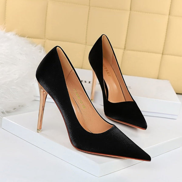 Sexy show thin satin high heel shallow pointed heels