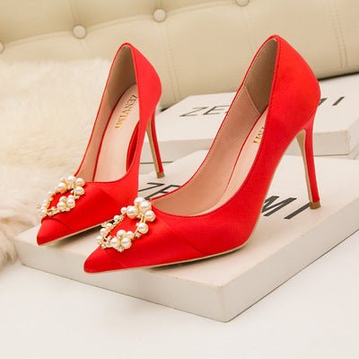 Elegant Pointed Toe Pearl Bow Knot Soft Silk Shallow High Heels