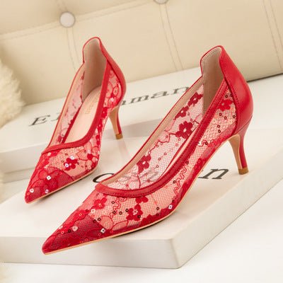 Lace Hollow Nightclub Pointed Toe Sexy See Through High Heels