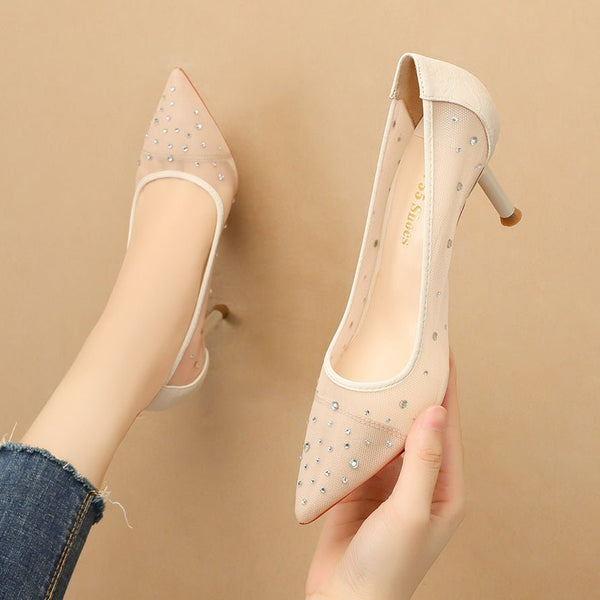Lace Mesh Crystal Shallow High Heels