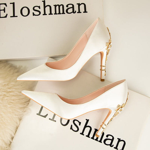 Metal Carving Silk Formal Satin High Heels