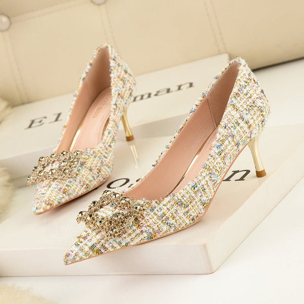Metal Crystal Buckle Pointed High Heels