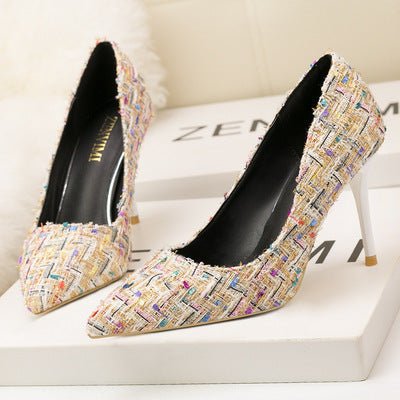 Mixed Colors Woolen Pumps Elegant Shallow High Heels