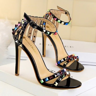 Colorful rivet decoration, high heel rivet shoes, rivet sandals, thin high heels, exposed toe heel height 10cm