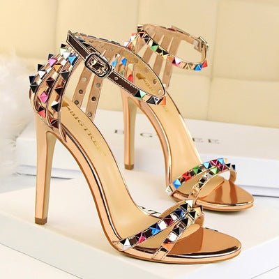 Colorful rivet decoration, high heel rivet shoes, rivet sandals, thin high heels, exposed toe heel height 10cm