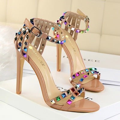 Colorful rivet decoration, high heel rivet shoes, rivet sandals, thin high heels, exposed toe heel height 10cm