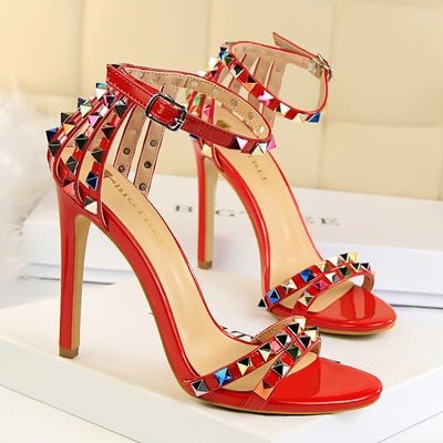 Colorful rivet decoration, high heel rivet shoes, rivet sandals, thin high heels, exposed toe heel height 10cm