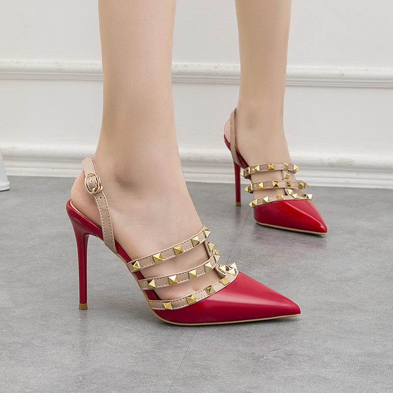 PU leather and rubber materials Metal stud decoration stiletto Buckle closure Pointed style 3.9 '| Heel height 100mm