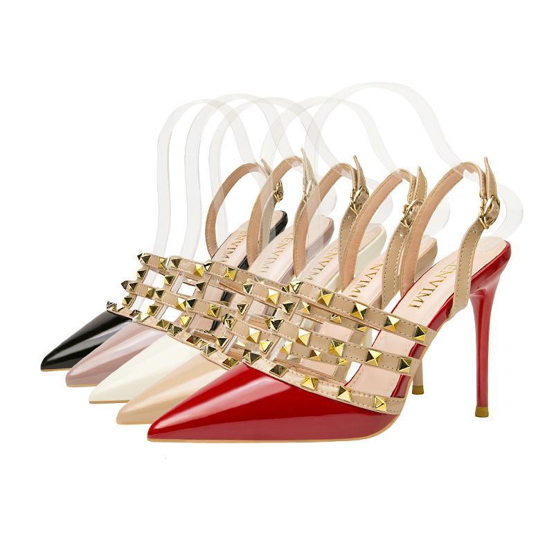 PU leather and rubber materials Metal stud decoration stiletto Buckle closure Pointed style 3.9 '| Heel height 100mm