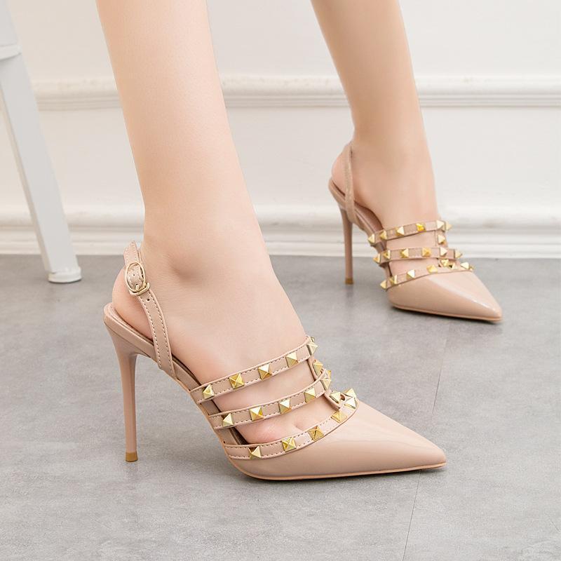 PU leather and rubber materials Metal stud decoration stiletto Buckle closure Pointed style 3.9 '| Heel height 100mm
